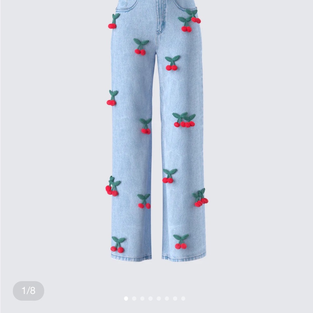 Cherry Embroidered Light Blue Jeans